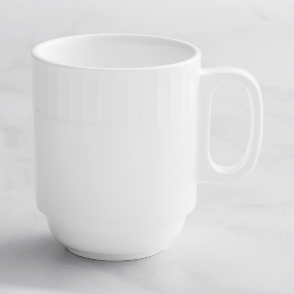 Acopa Cordelia 13 oz. Bright White Embossed Stackable Porcelain Mug - Sample