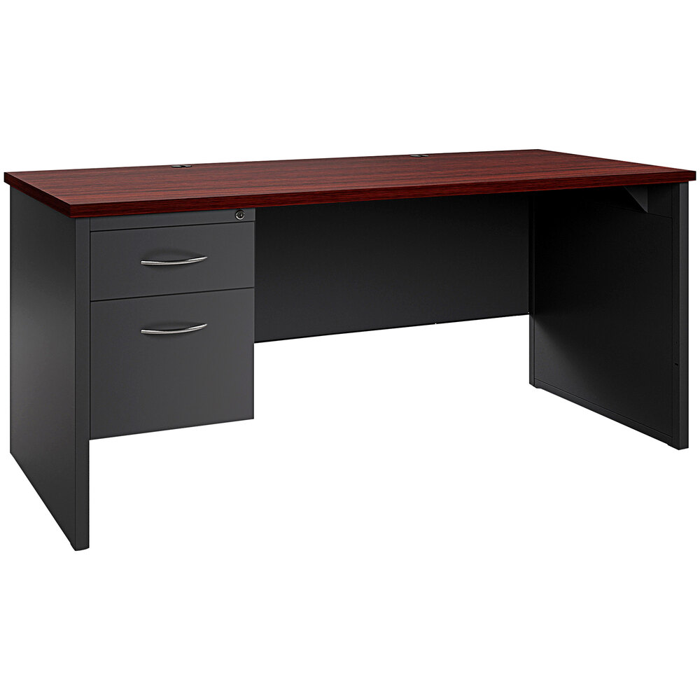 Hirsh Industries 30" x 66" Charcoal / Mahogany Modular Desk with Left-Hand Pedestal