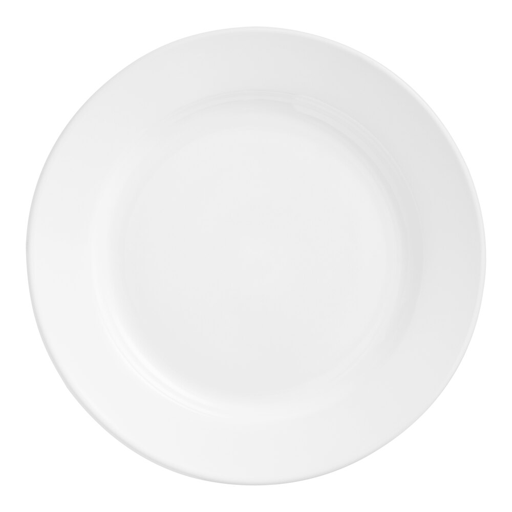 Acopa 10 1/2" Bright White Wide Rim Rolled Edge Stoneware Plate - Sample