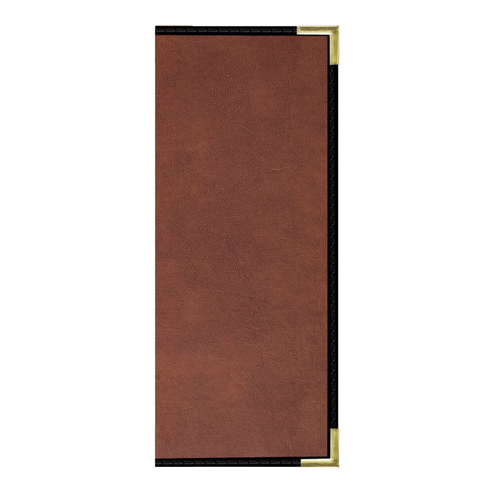 H. Risch, Inc. 4 1/4" x 11" Brown Tuxedo Leather Customizable 10 View Menu Cover with Interior Pocket