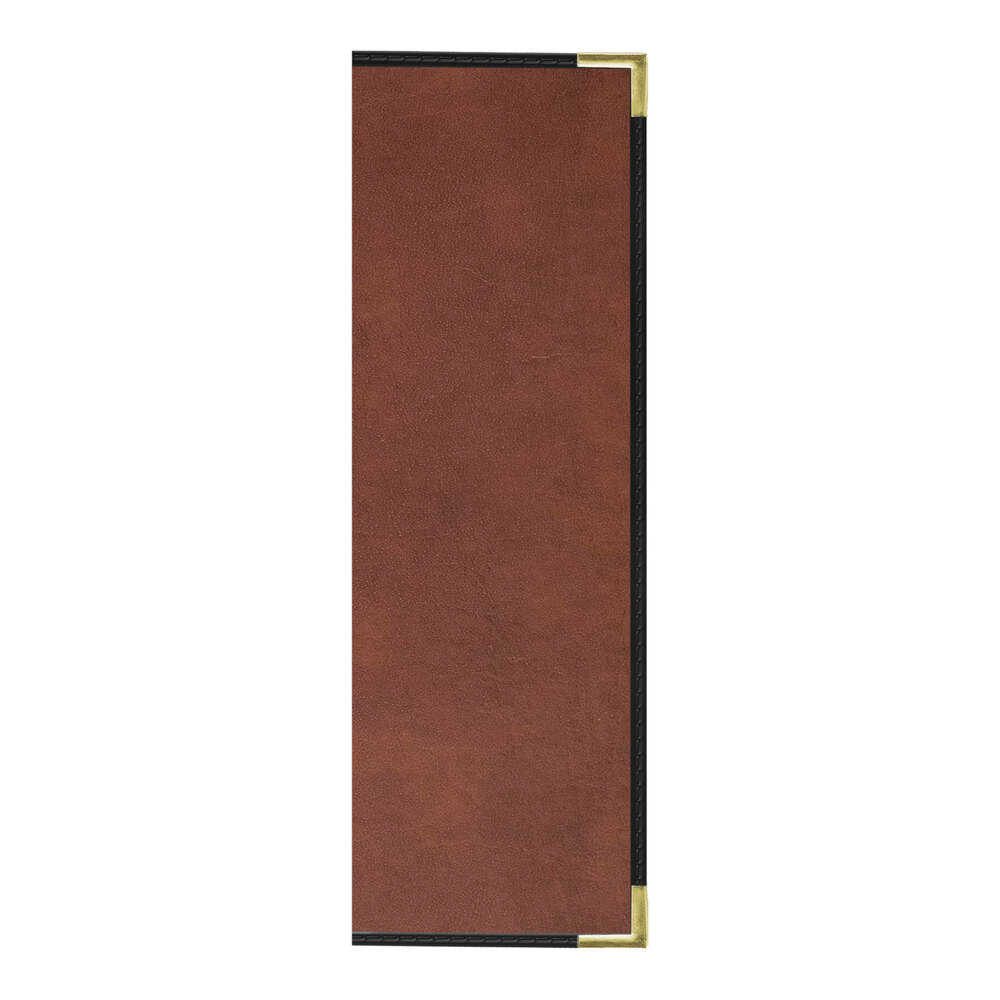 H. Risch, Inc. 4 1/4" x 14" Brown Tuxedo Leather Customizable 12 View Menu Cover with Interior Pocket