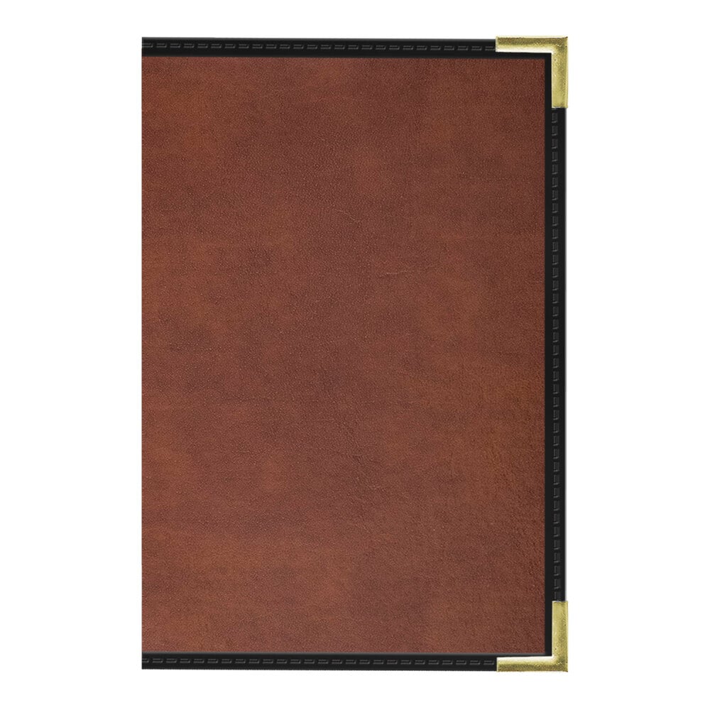 H. Risch, Inc. 5 1/2" x 8 1/2" Brown Tuxedo Leather Customizable 12 View Menu Cover with Interior Pocket