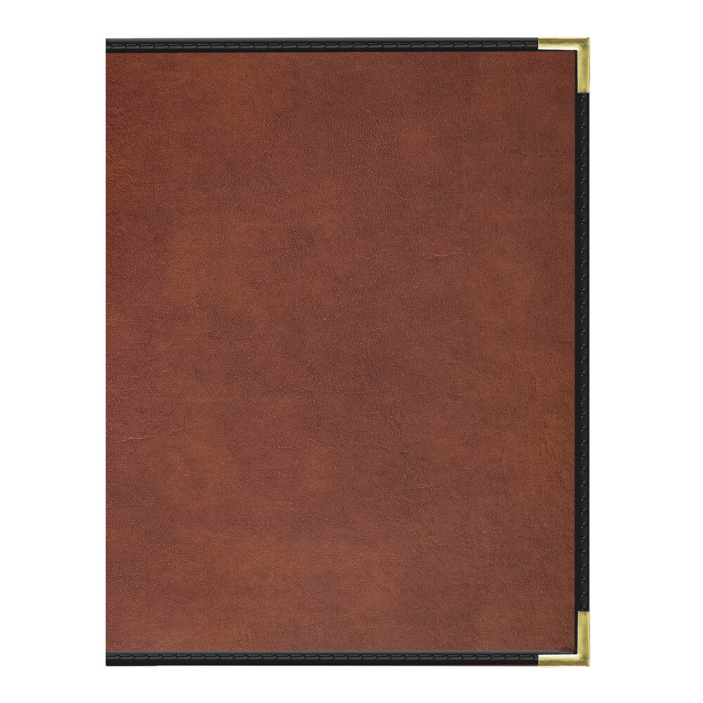 H. Risch, Inc. 8 1/2" x 11" Brown Tuxedo Leather Customizable 12 View Menu Cover with Interior Pocket