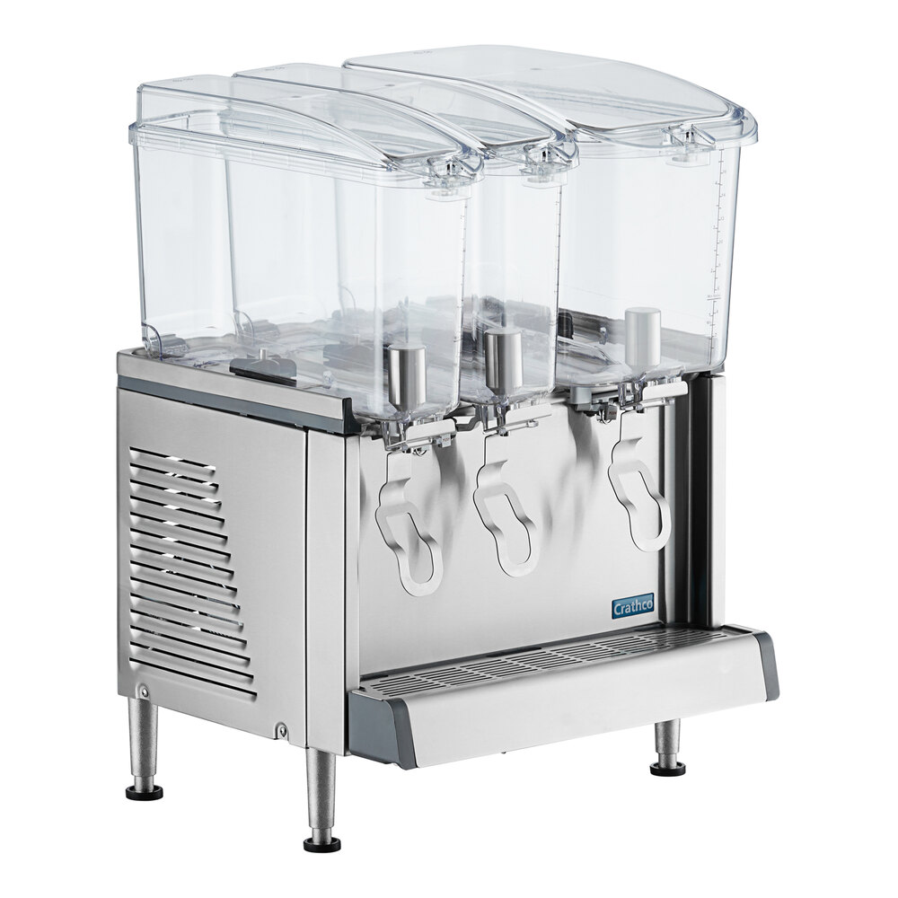 Crathco Triple Bowl Premix Cold Beverage Dispenser with (1) 4.75 Gallon Hopper, (2) 2.4 Gallon Hoppers, Polycarbonate Lids, and Agitation Function