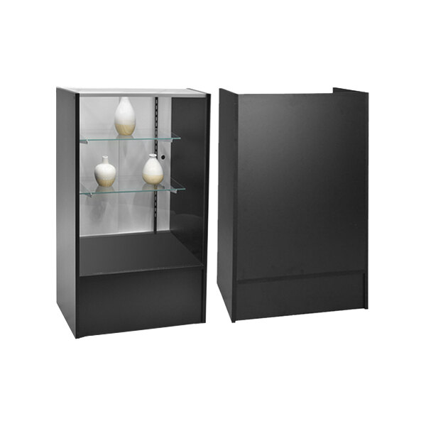 48" x 18" x 38" Black Cash Wrap Service Counter with Glass Display Case and Locking Drawer