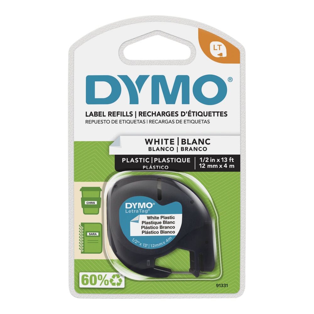 DYMO 91331 LetraTag 1/2" x 13' White Plastic Label Tape