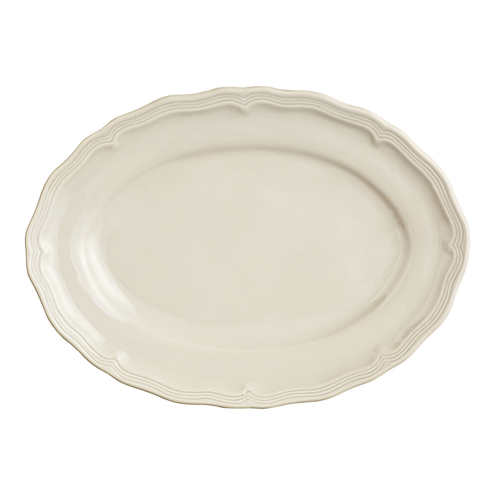 Acopa Condesa 11 1/2" x 8 1/4" Warm Gray Scalloped Wide Rim Porcelain Platter - Sample