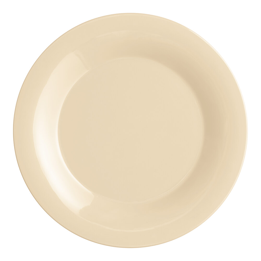 Acopa Foundations 10 5/8" Tan Wide Rim Melamine Plate - Sample