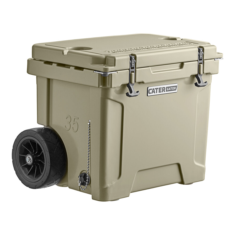 CaterGator CG35TANW Tan 35 Qt. Mobile Rotomolded Outdoor Cooler / Ice Chest