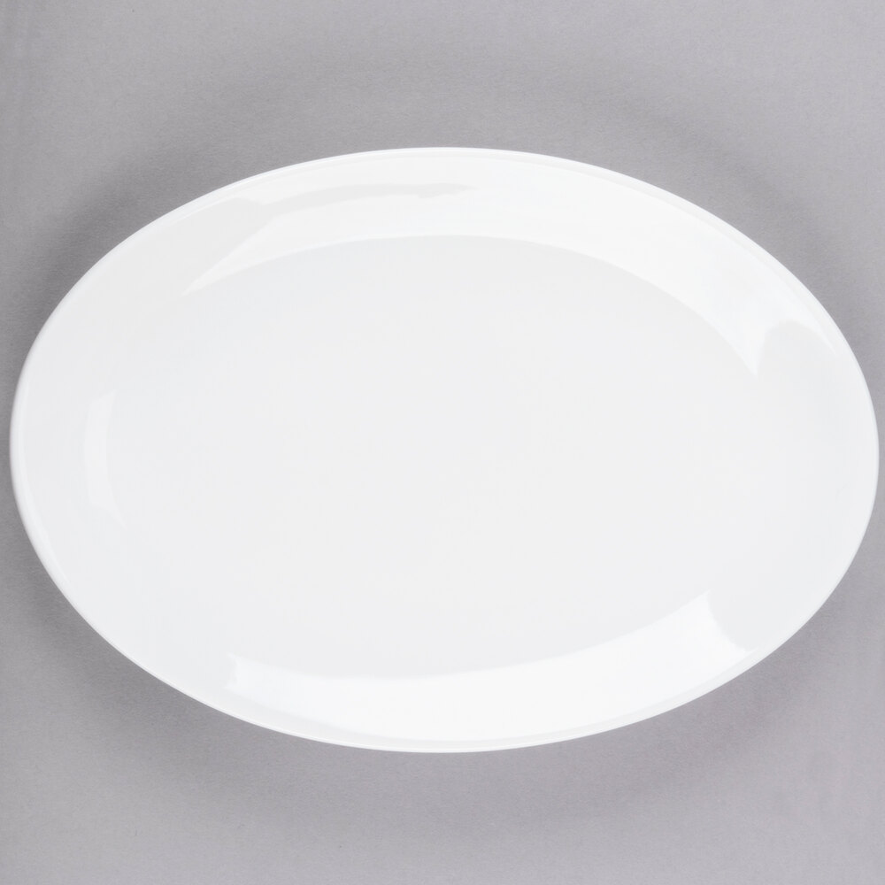 Libbey Porcelana 11 3/4" x 8" Bright White Oval Rolled Edge Coupe Platter - Sample