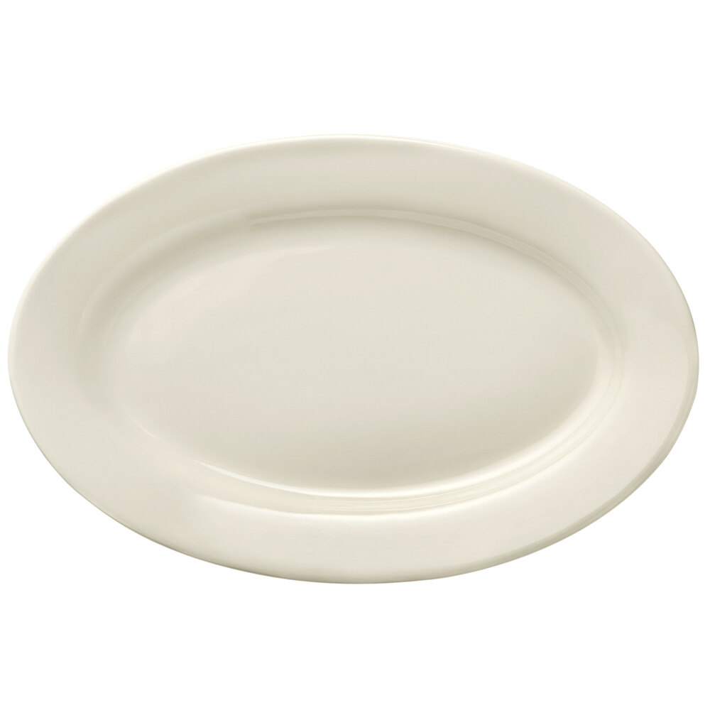 Libbey Porcelana Cream 13 5/8" x 8 7/8" Cream White Oval Wide Rim Rolled Edge Porcelain Platter - Sample
