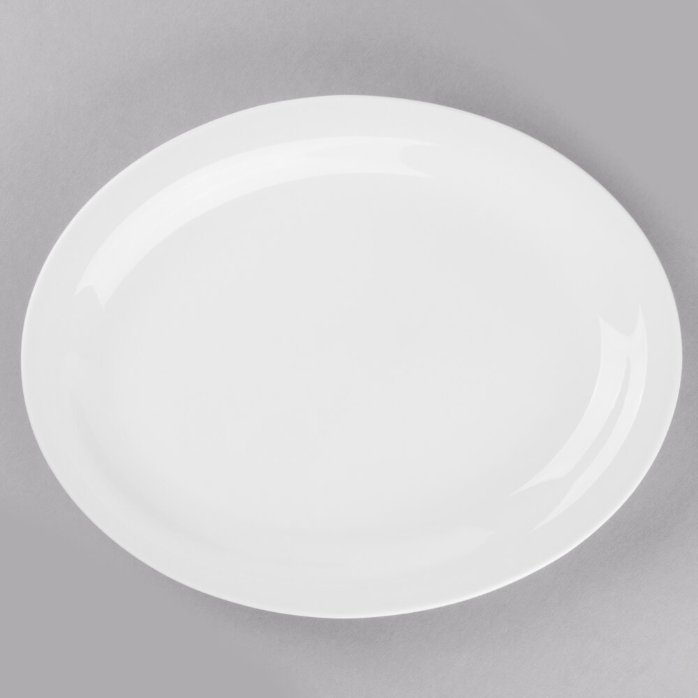 Libbey Porcelana 11 1/2" x 9" Bright White Oval Narrow Rim Porcelain Platter - Sample