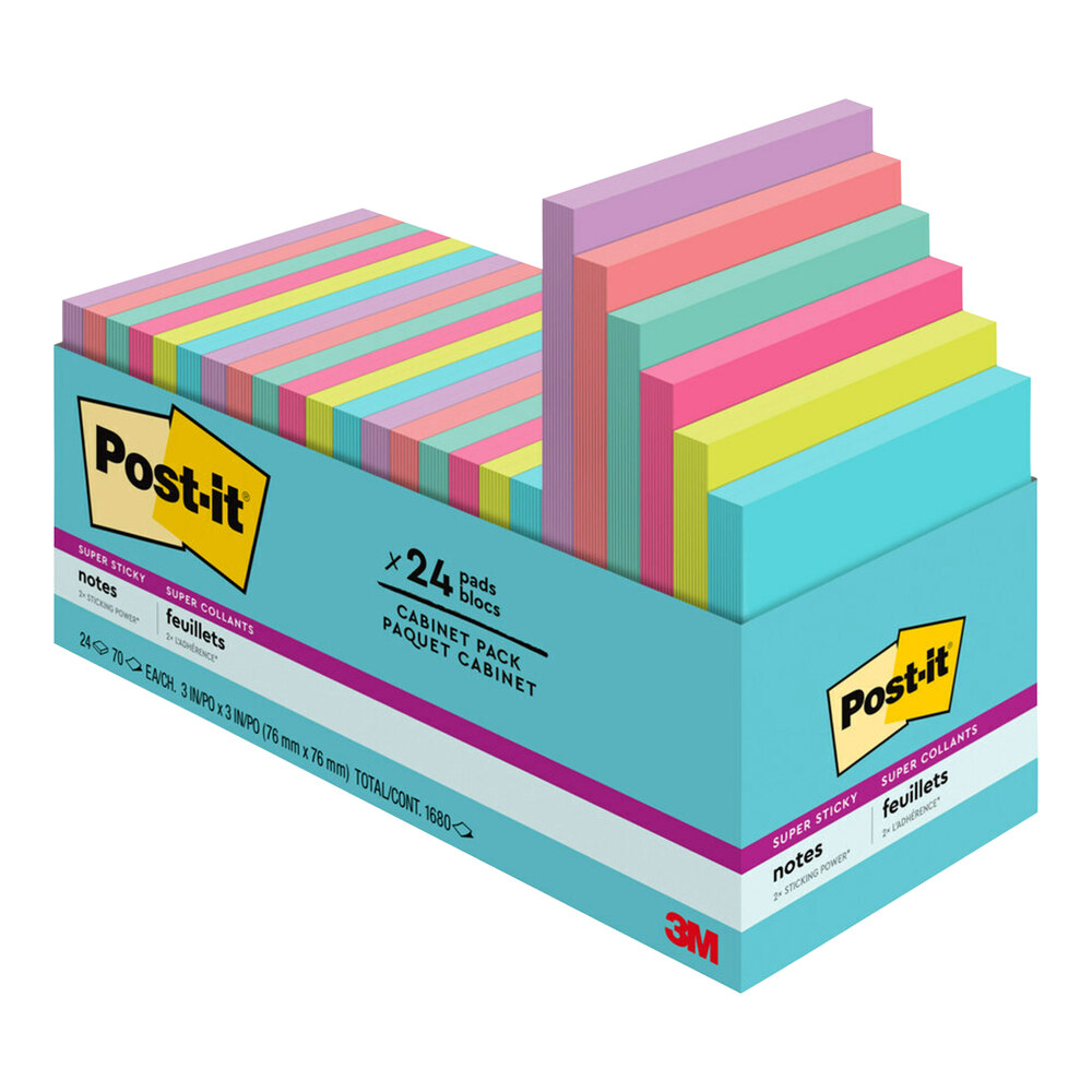 3M Post-It® 3" x 3" Supernova Neons Collection 70 Sheet Assorted Neon Color Super Sticky Note Pad - 24/Pack