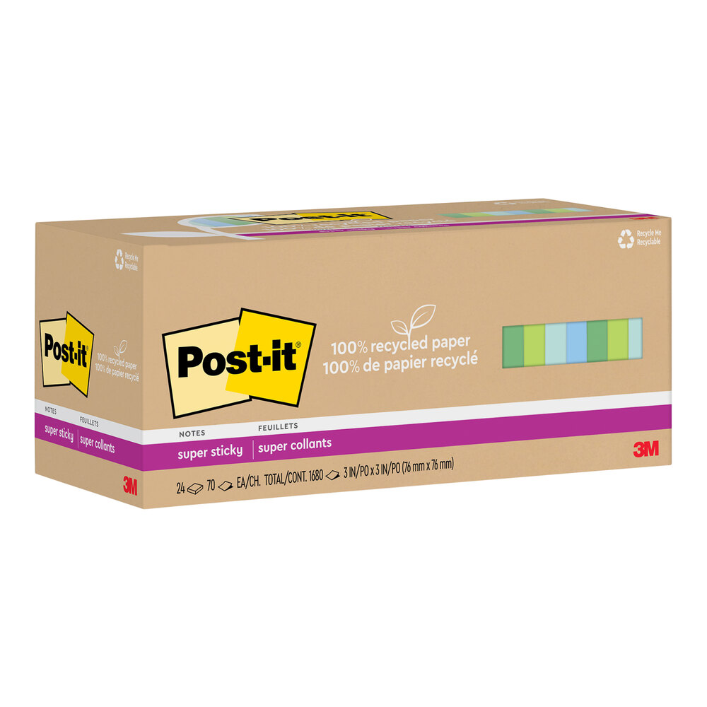 3M Post-It® 3" x 3" Oasis Collection 70 Sheet Assorted Blue / Green Color 100% Recycled Paper Super Sticky Note Pad - 24/Pack