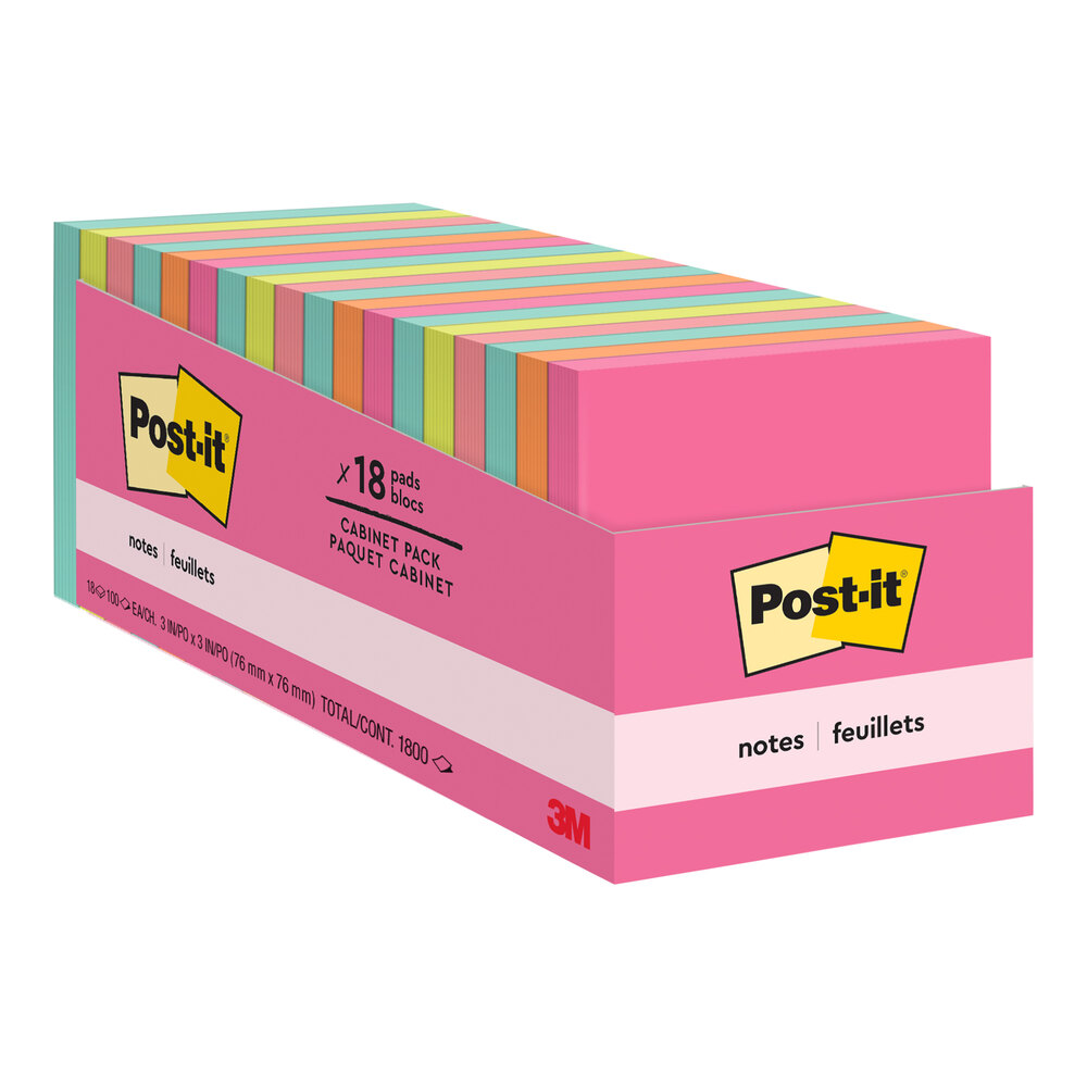 3M Post-It® 3" x 3" Cape Town Collection 100 Sheet Assorted Bright Color Sticky Note Pad - 18/Pack