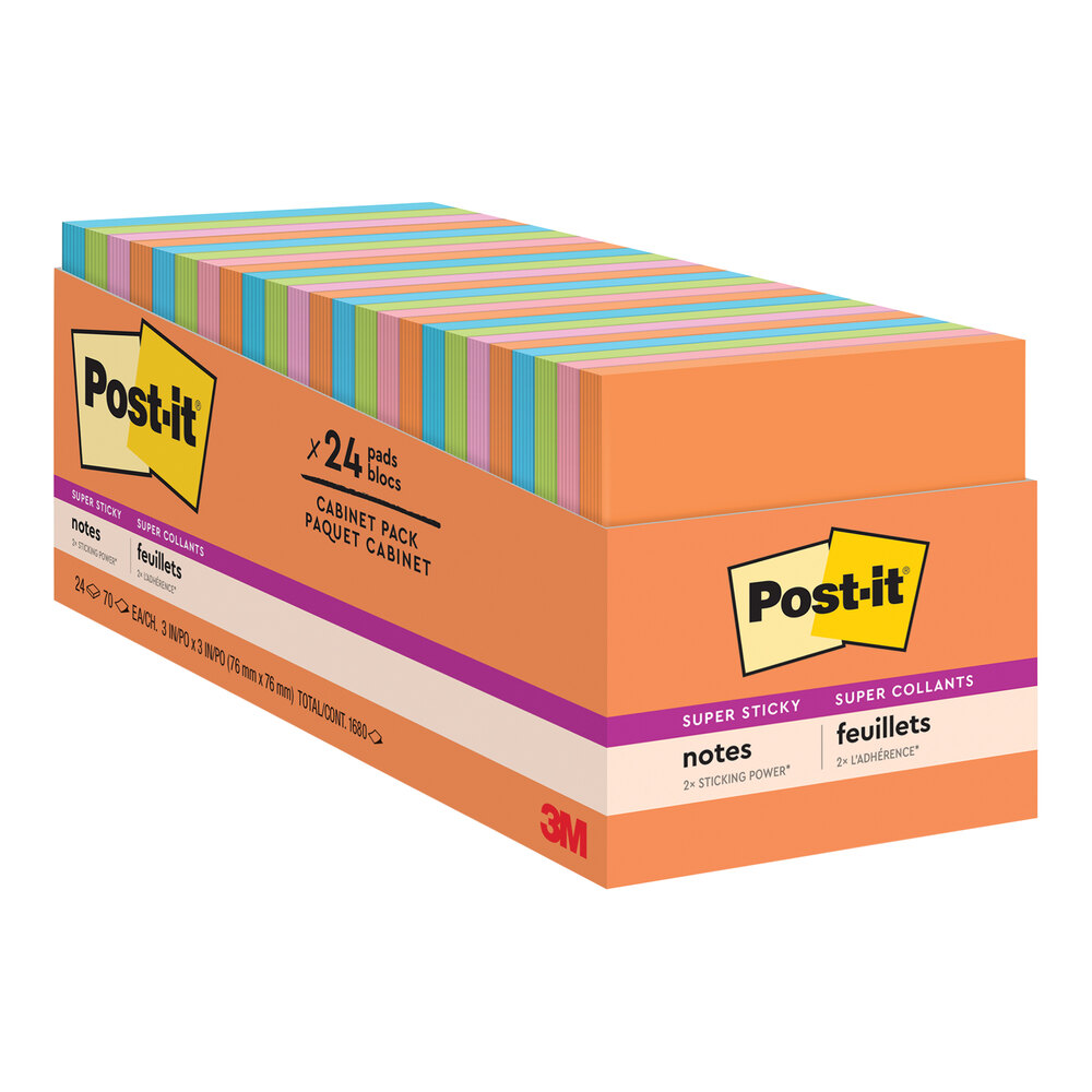 3M Post-It® 3" x 3" Energy Boost Collection 70 Sheet Assorted Bright Color Super Sticky Note Pad - 24/Pack