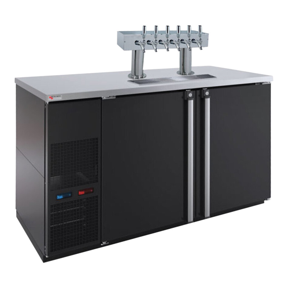 Micro Matic MBB58BC-E-A Pro-Line E-Series Beverage Station 59 1/2" Black Dual Zone Kegerator Beverage Dispenser with Double-Pedestal Tower System and 6 Taps - (8) 1/6 Keg Capacity