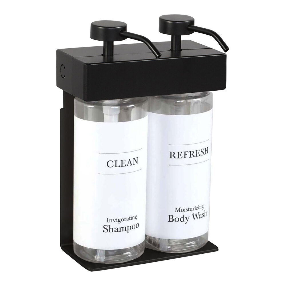 Dispenser Amenities 39288-03-WHT SOLera 24 oz. Black ABS Plastic Wall Mounted Adjustable 2-Chamber Locking Shower Dispenser with Oval Bottles