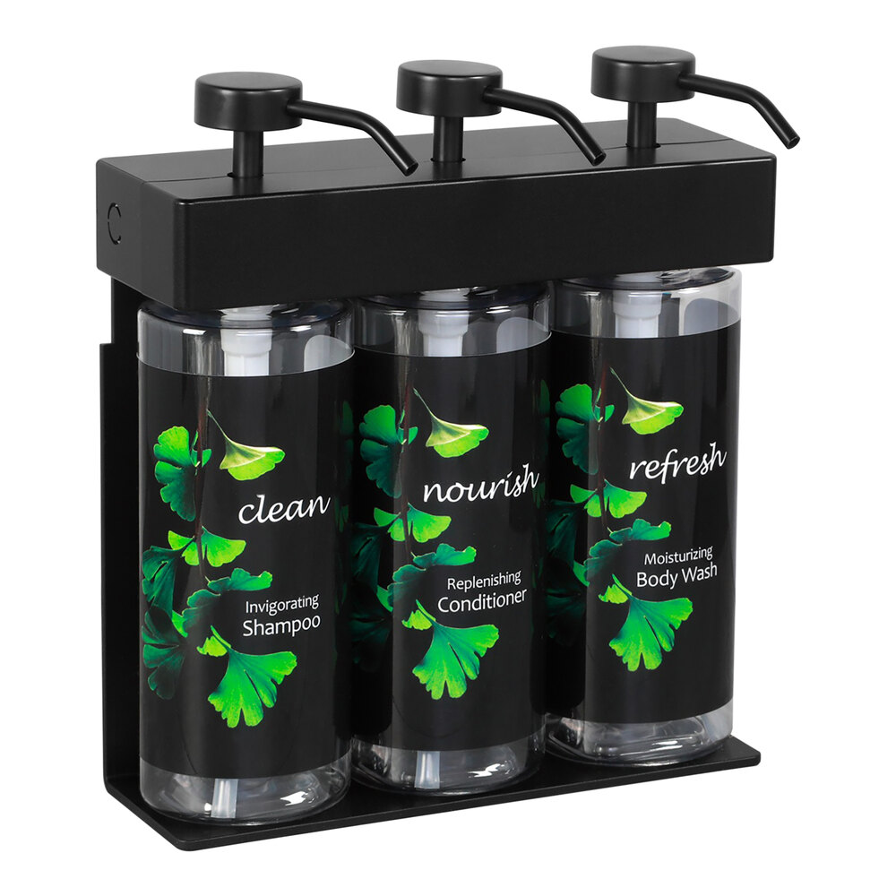 Dispenser Amenities 39388-03-GK SOLera 36 oz. Black ABS Plastic Wall Mounted Adjustable 3-Chamber Locking Shower Dispenser with Oval Bottles and Ginkgo Label