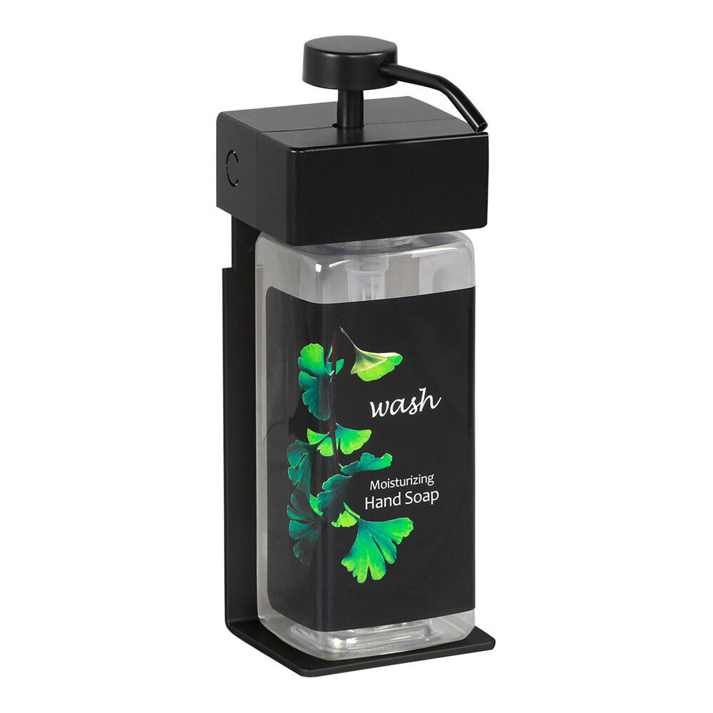 Dispenser Amenities 39188-R3-GK SOLera 15 oz. Black ABS Plastic Wall Mounted Adjustable Locking Shower Dispenser with Rectangular Bottle and Ginkgo Label