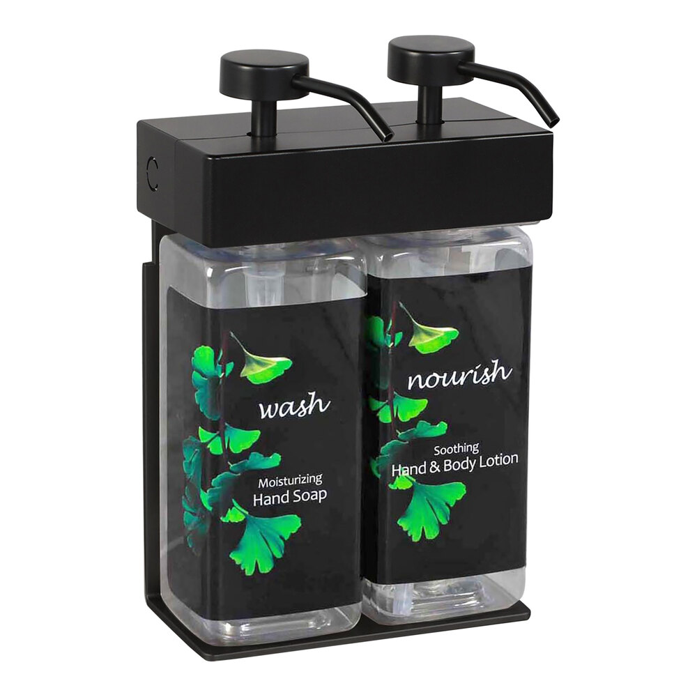 Dispenser Amenities 39288-R3-GK SOLera 30 oz. Black ABS Plastic Wall Mounted Adjustable 2-Chamber Locking Shower Dispenser with Rectangular Bottles and Ginkgo Label