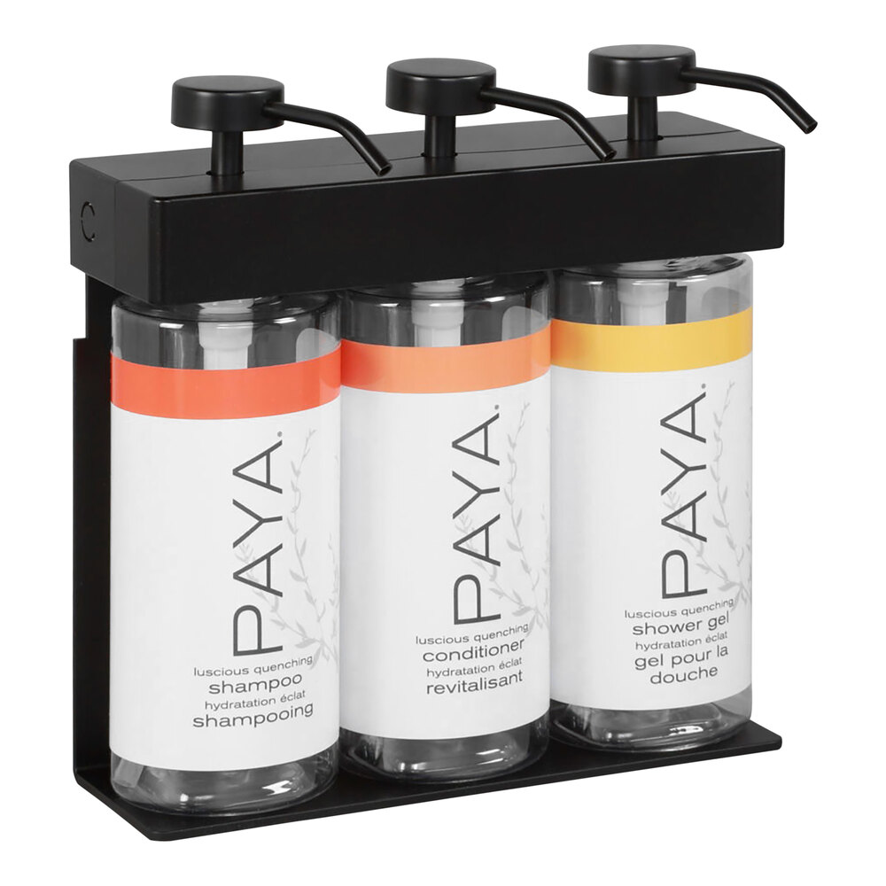 Dispenser Amenities 39388-03-PAYA SOLera 36 oz. Black ABS Plastic Wall Mounted Adjustable 3-Chamber Locking Shower Dispenser with Oval Bottles and Paya Label