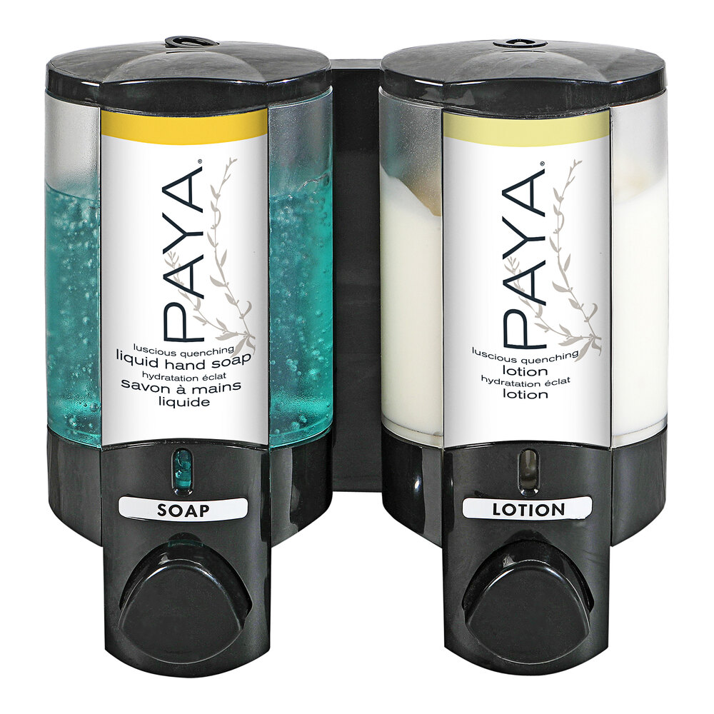 Dispenser Amenities 36280-PAYA Aviva 20 oz. Black 2-Chamber Wall Mounted Locking Soap Dispenser with Translucent Bottles and Paya Logo
