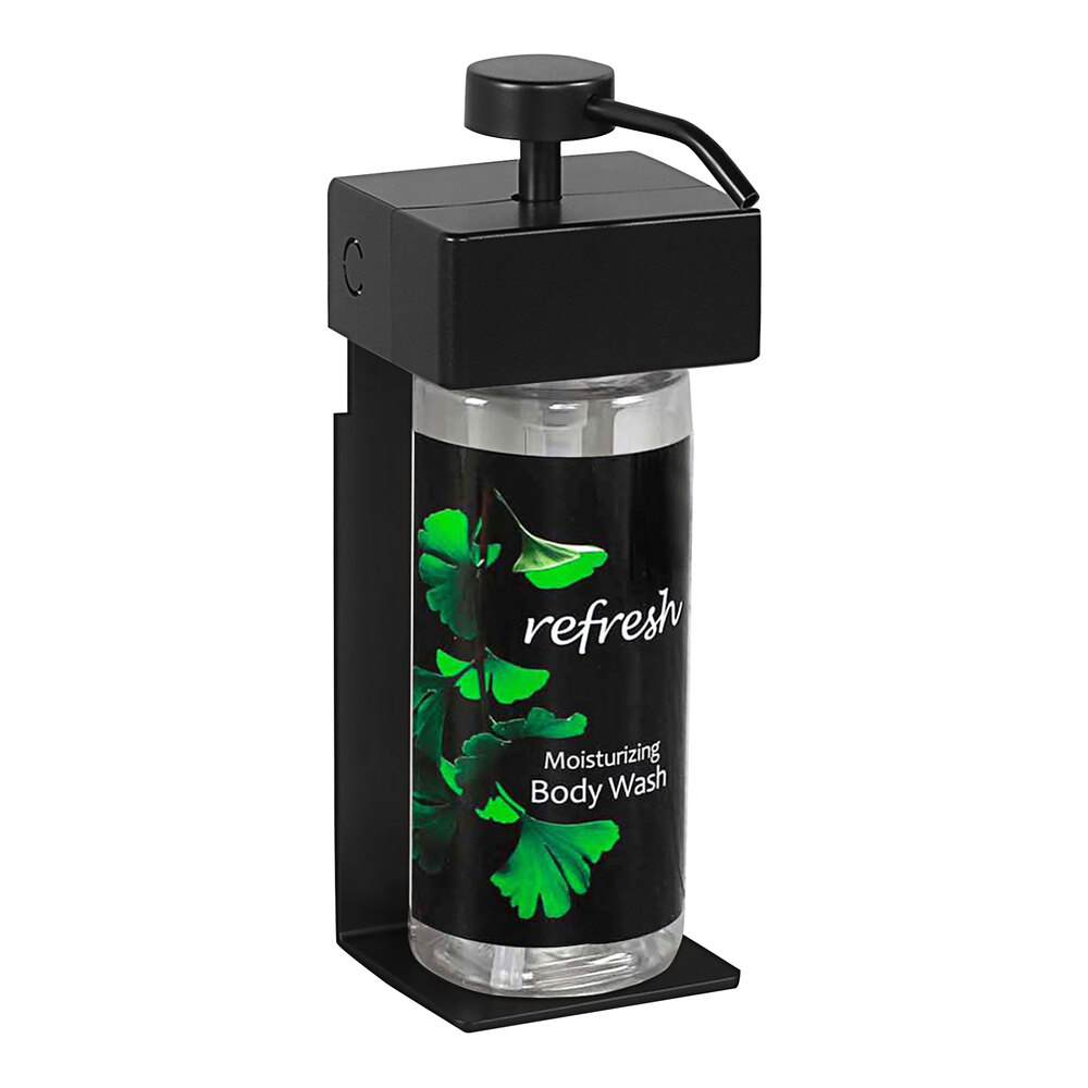 Dispenser Amenities 39188-03-GK SOLera 12 oz. Black ABS Plastic Wall Mounted Adjustable Locking Shower Dispenser with Oval Bottle and Ginkgo Label