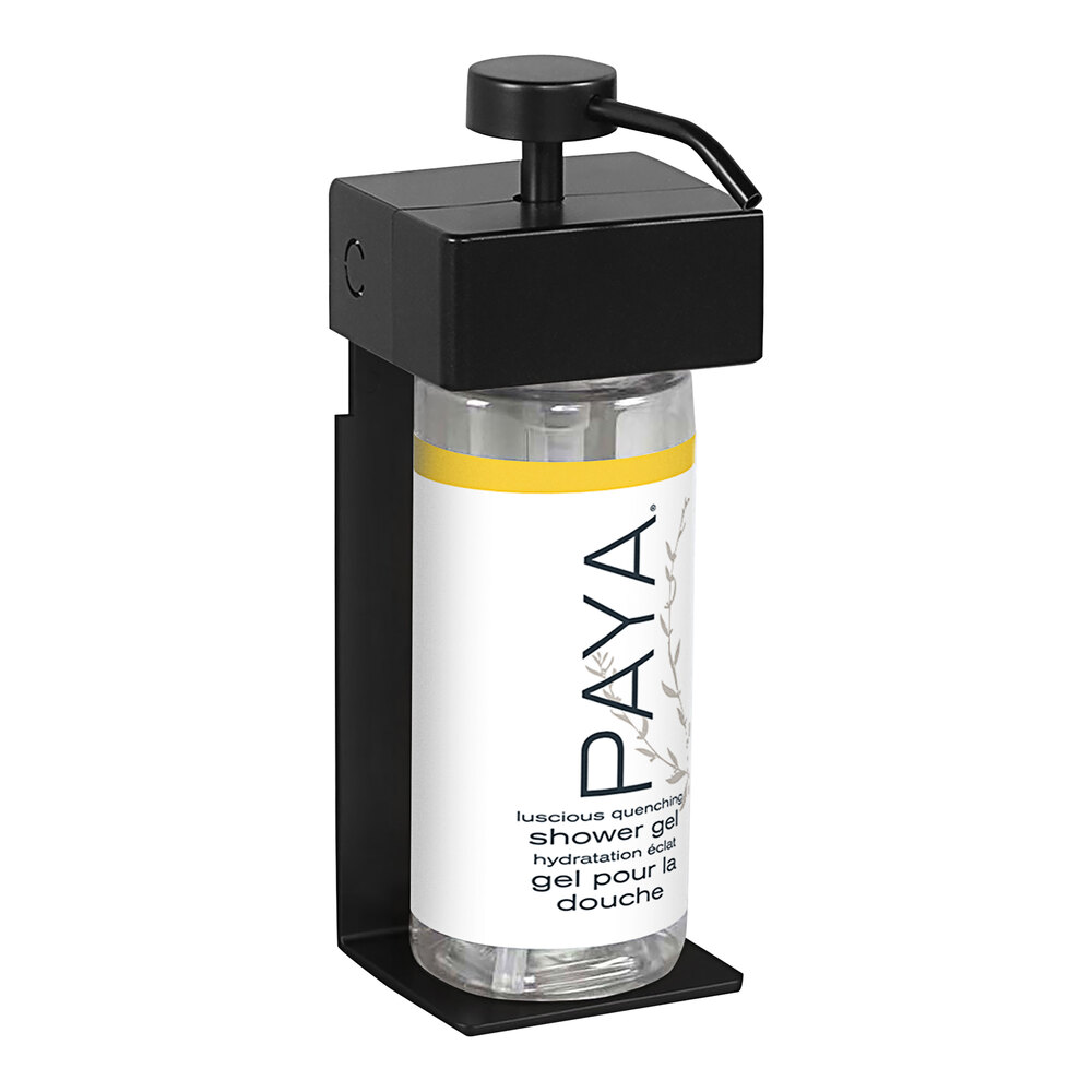 Dispenser Amenities 39188-03-PAYA SOLera 12 oz. Black ABS Plastic Wall Mounted Adjustable Locking Shower Dispenser with Oval Bottle and Paya Label