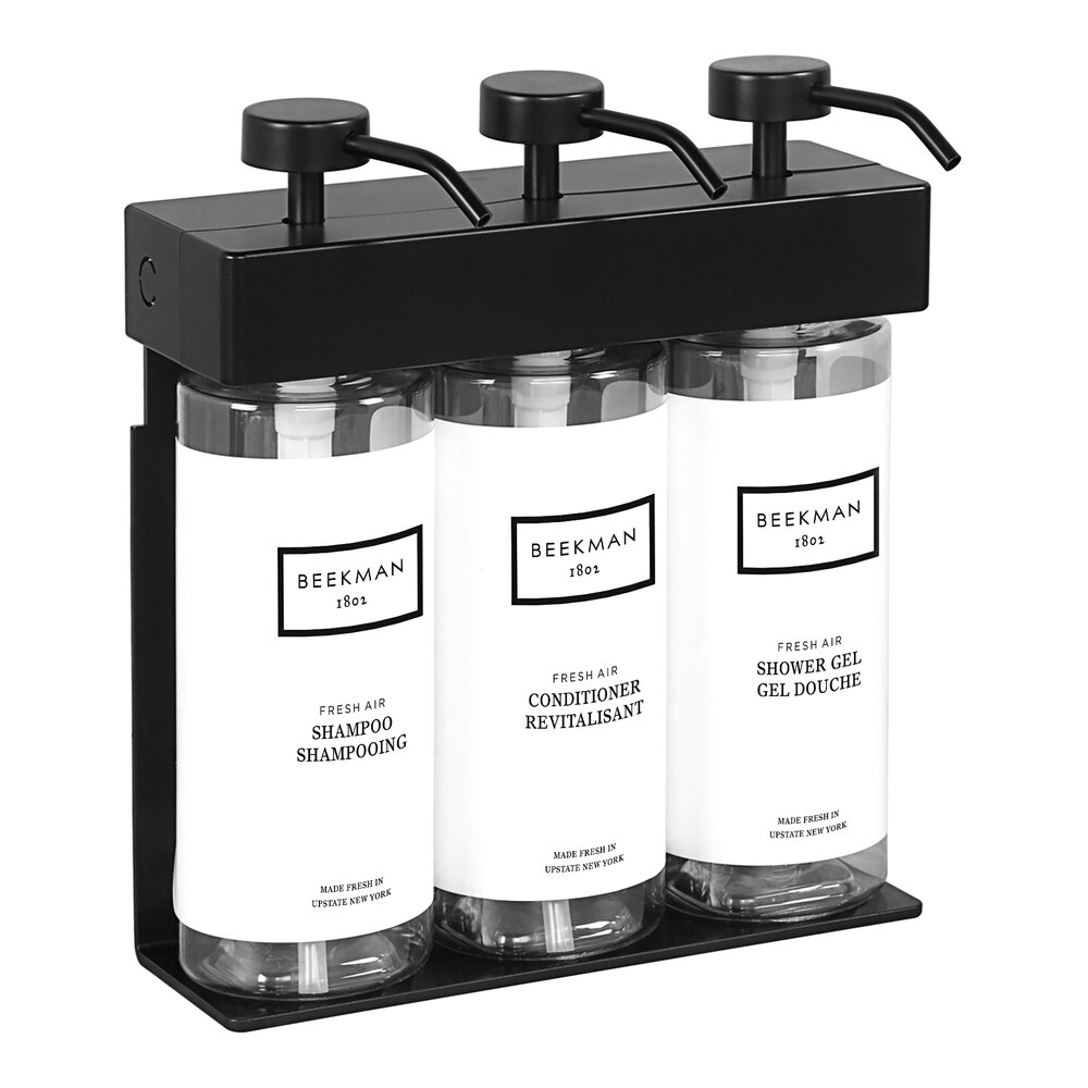 Dispenser Amenities 39388-03-BKFA SOLera 36 oz. Black ABS Plastic Wall Mounted Adjustable 3-Chamber Locking Shower Dispenser with Oval Bottles and Beekman Label