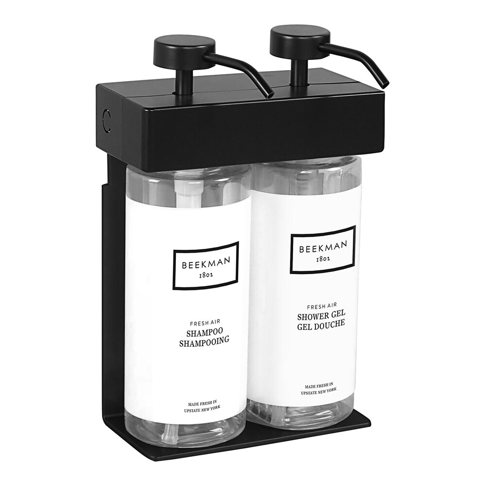 Dispenser Amenities 39288-03-BKFA SOLera 24 oz. Black ABS Plastic Wall Mounted Adjustable 2-Chamber Locking Shower Dispenser with Oval Bottles and Beekman Label