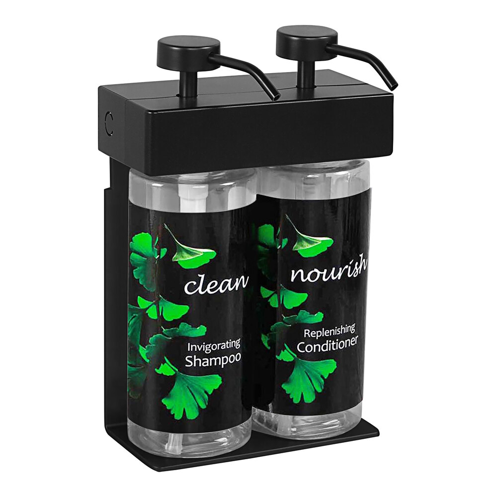 Dispenser Amenities 39288-03-GK SOLera 24 oz. Black ABS Plastic Wall Mounted Adjustable 2-Chamber Locking Shower Dispenser with Oval Bottles and Ginkgo Label