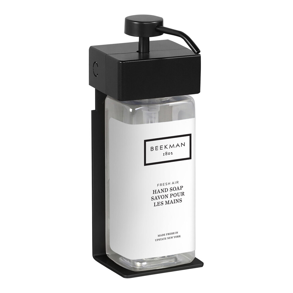 Dispenser Amenities 39188-R3-BKFA SOLera 12 oz. Black ABS Plastic Wall Mounted Adjustable Locking Shower Dispenser with Rectangular Bottle and Beekman Label