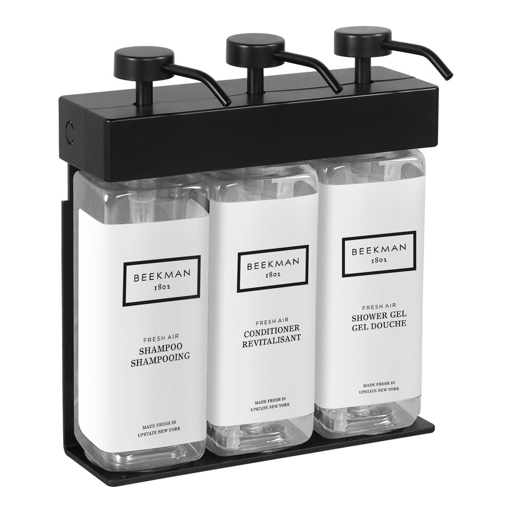 Dispenser Amenities 39388-R3-BKFA SOLera 36 oz. Black ABS Plastic Wall Mounted Adjustable 3-Chamber Locking Shower Dispenser with Rectangular Bottles and Beekman Label