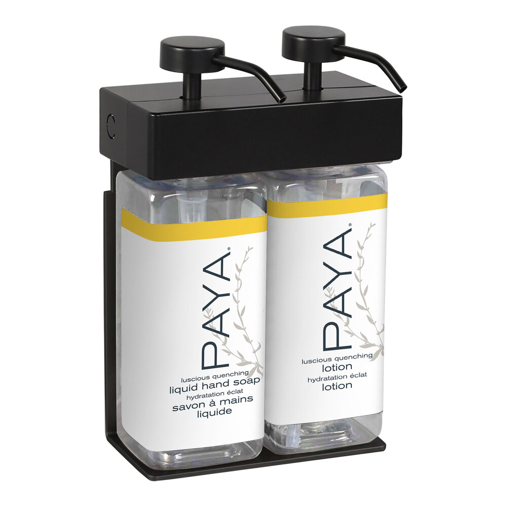 Dispenser Amenities 39288-R3-PAYA SOLera 30 oz. Black ABS Plastic Wall Mounted Adjustable 2-Chamber Locking Shower Dispenser with Rectangular Bottles and Paya Label