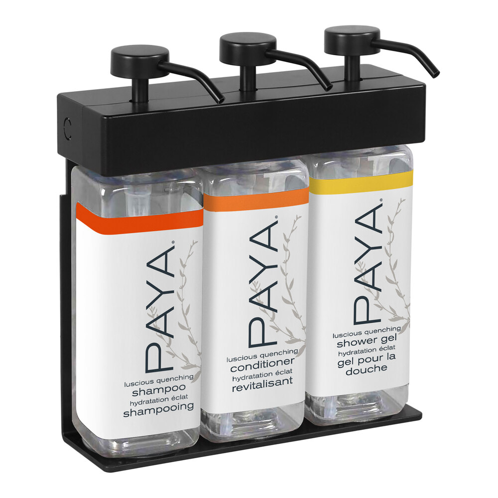 Dispenser Amenities 39388-R3-PAYA SOLera 45 oz. Black ABS Plastic Wall Mounted Adjustable 3-Chamber Locking Shower Dispenser with Rectangular Bottles and Paya Label