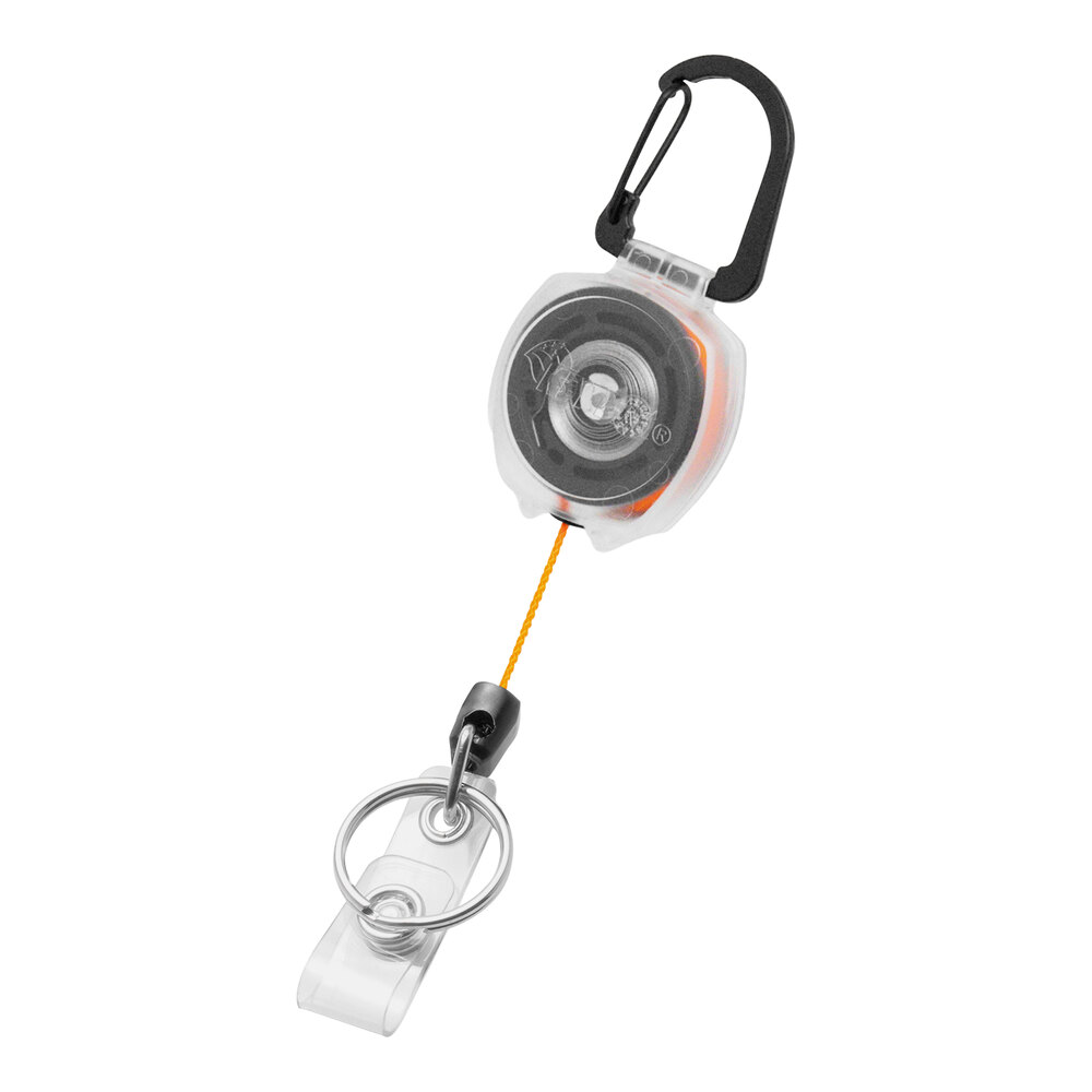 KEY-BAK Sidekick Clear Keychain / ID Badge Holder with Carabiner, Dual Vinyl ID Strap / Split Ring, and 24" Orange Dupont® Kevlar® Retractable Cord 0KB2-5D254