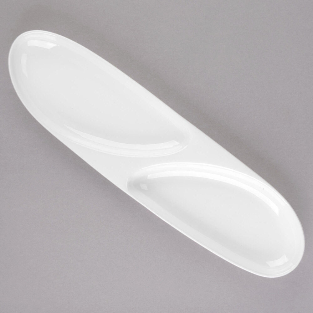 Libbey Slenda 14 1/2" x 3 3/4" Oval Royal Rideau White 2 Well Porcelain Serving Tray - Sample
