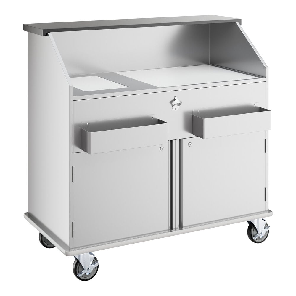 Regency 48" Stainless Steel Portable Bar with Elixir Station, Two Removeable Speed Rails, Beer Bottle Cooler, Ice Bin, and Removable Bin and Cooler Covers