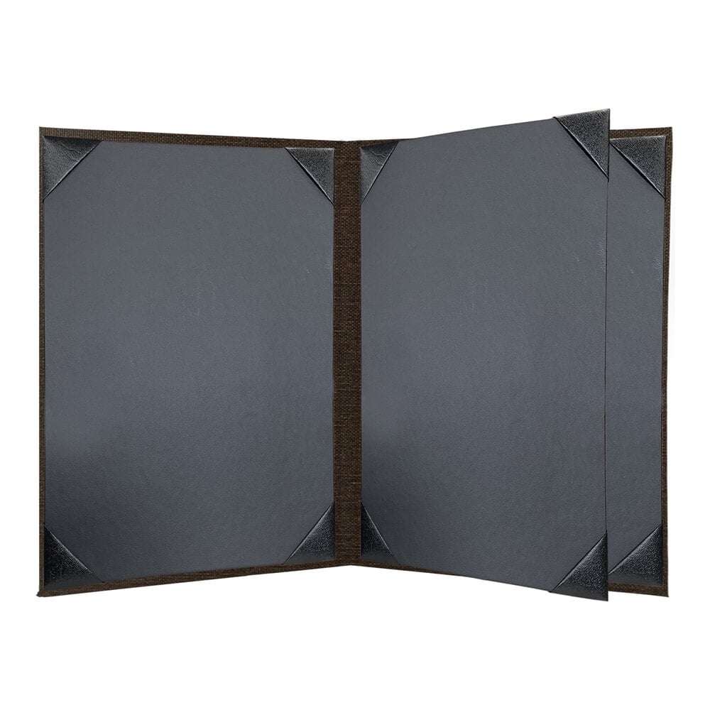 H. Risch, Inc. Linen 8 1/2" x 11" Customizable Espresso 4-View Menu Cover with Album Style Corners - 25/Case