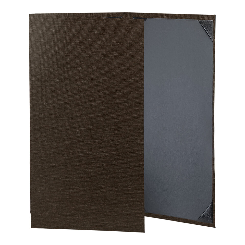 H. Risch, Inc. Linen 8 1/2" x 14" Customizable Espresso 3-View Menu Cover with Album Style Corners - 25/Case