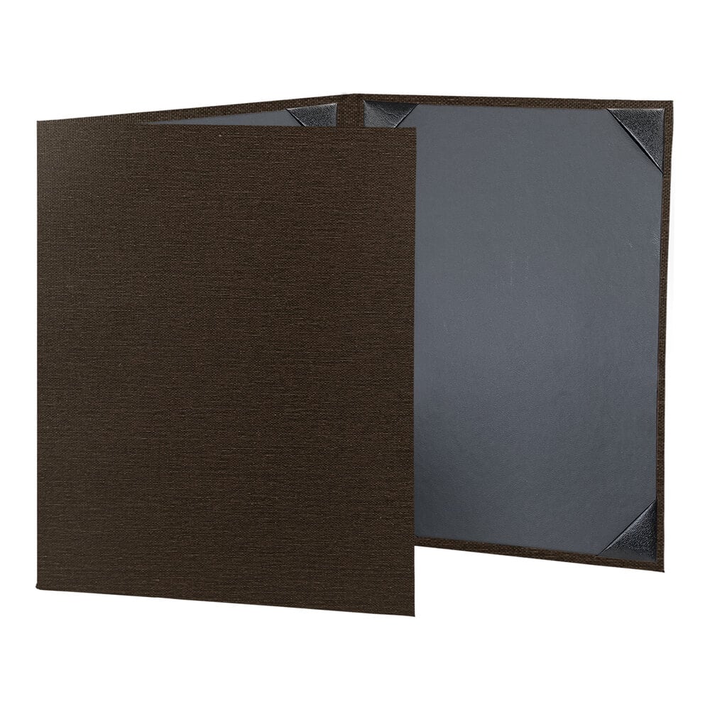 H. Risch, Inc. Linen 8 1/2" x 11" Customizable Espresso 3-View Menu Cover with Album Style Corners - 25/Case