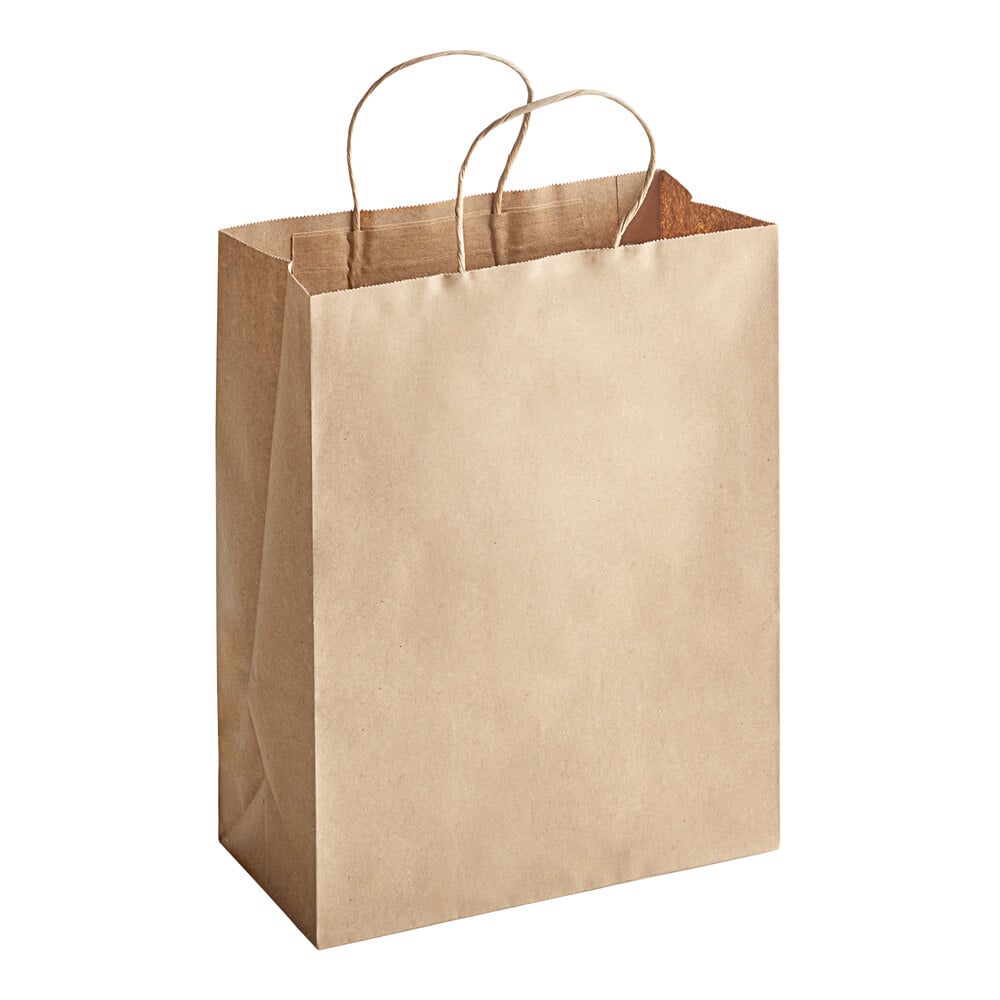 10" x 5" x 13" Natural Kraft Paper Customizable Shopping Bag with Handles - 250/Case