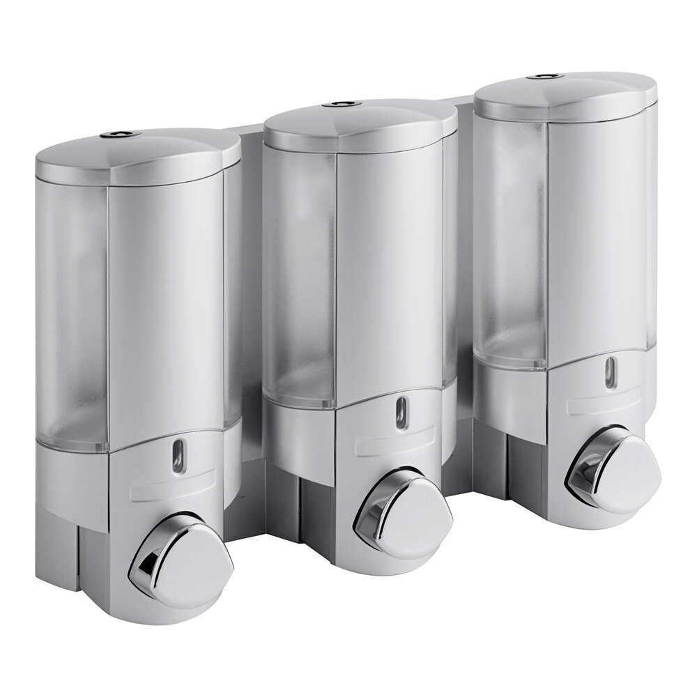 Dispenser Amenities 36334 Aviva 30 oz. Satin Silver 3-Chamber Wall Mounted Locking Soap Dispenser with Translucent Bottles