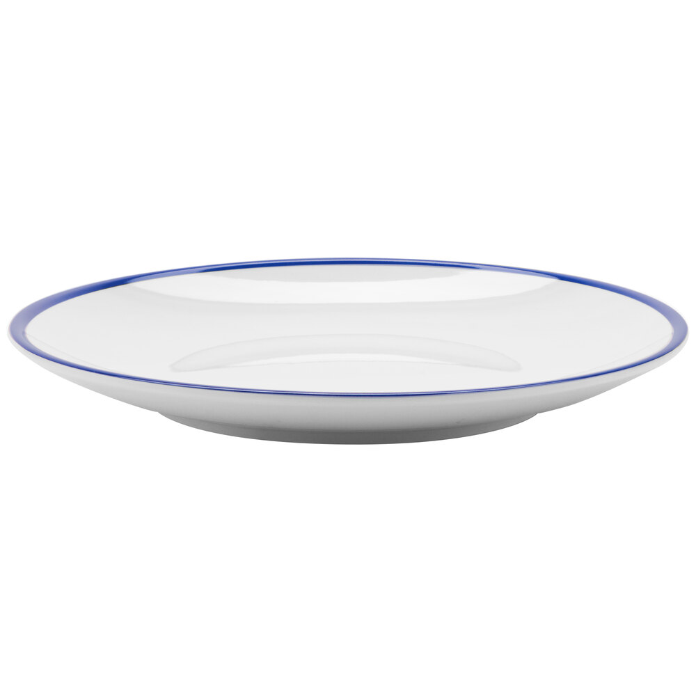 GET Settlement Bistro 8" White Enamelware Round Melamine Coupe Plate with Cobalt Blue Trim - Sample