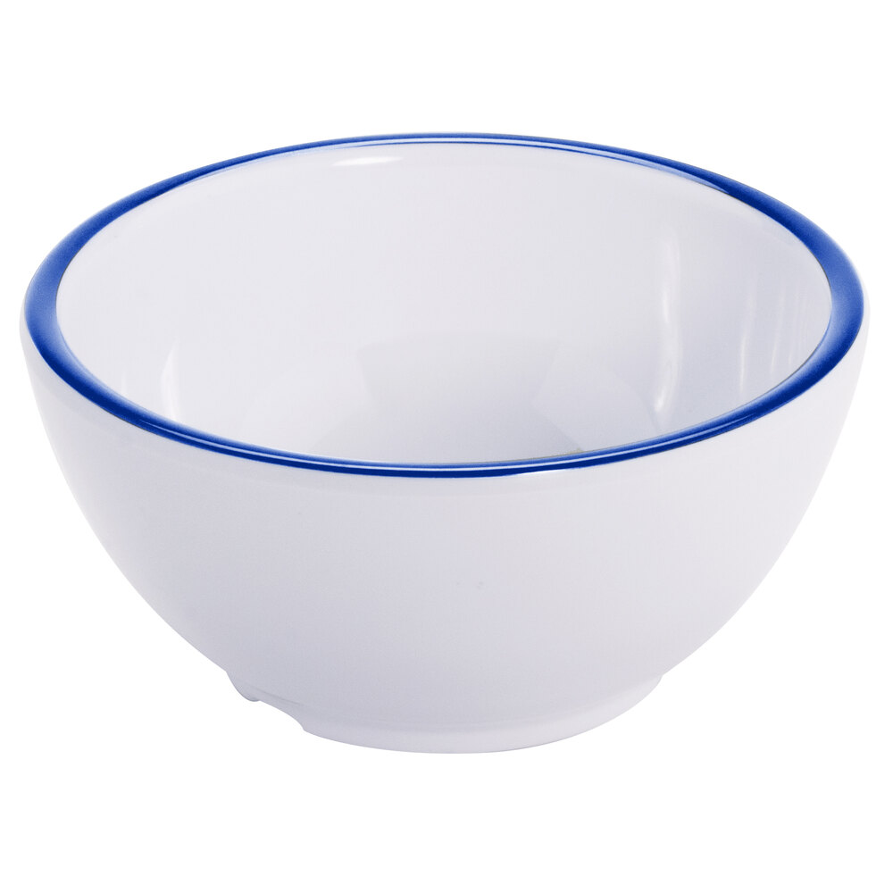 GET Settlement Bistro 14 oz. White Enamelware Melamine Round Bowl with Cobalt Blue Trim - Sample