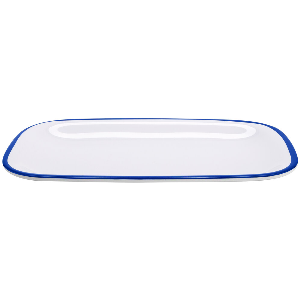 GET Settlement Bistro 11 3/4" x 7 3/4" White Enamelware Rectangular Melamine Dinner Platter with Cobalt Blue Trim - Sample