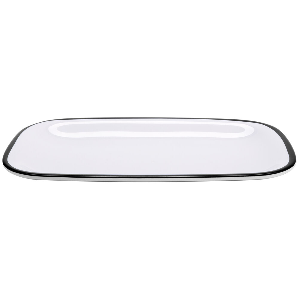 GET Settlement Bistro 11 3/4" x 7 3/4" White Enamelware Rectangular Melamine Dinner Platter with Black Trim - Sample