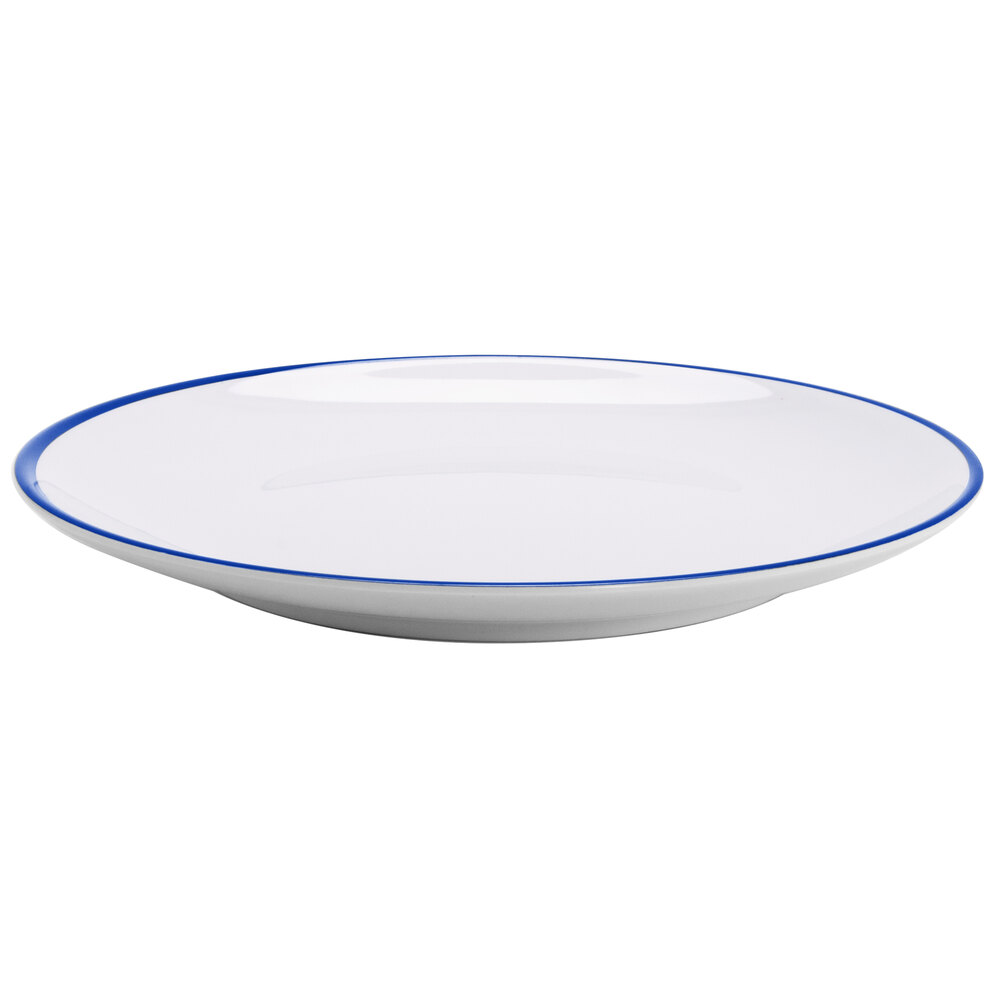 GET Settlement Bistro 11" White Enamelware Round Melamine Dinner Plate with Cobalt Blue Trim - Sample