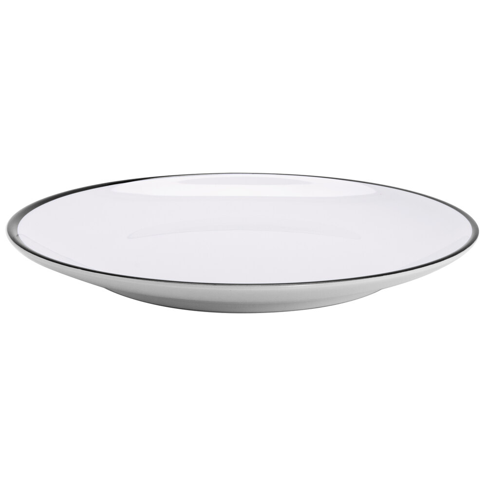 GET Settlement Bistro 11" White Enamelware Round Melamine Dinner Plate with Black Trim - Sample